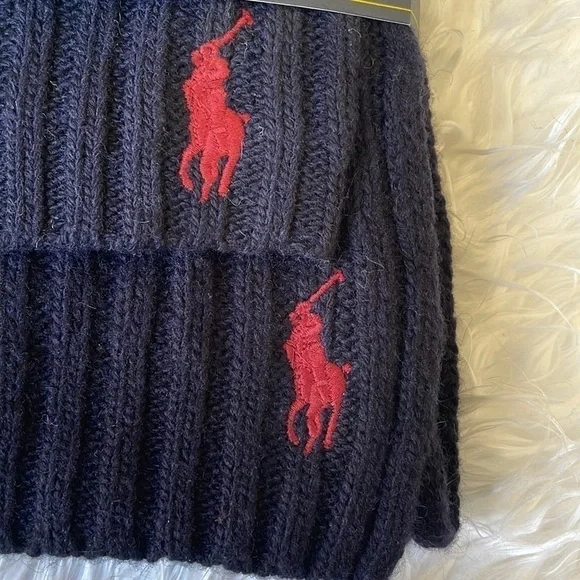 Brand New Polo Ralph Lauren 2-Piece Wool Hat & Scarf Set Navy Blue Deep Red Pony